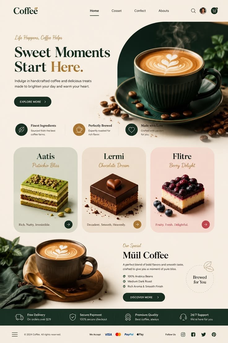 Coffee shop concept with green cups and pastry collections