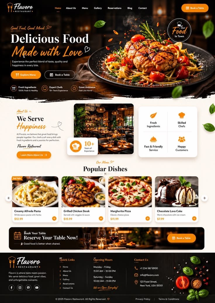 Restaurant concept with dishes, menu and reservations