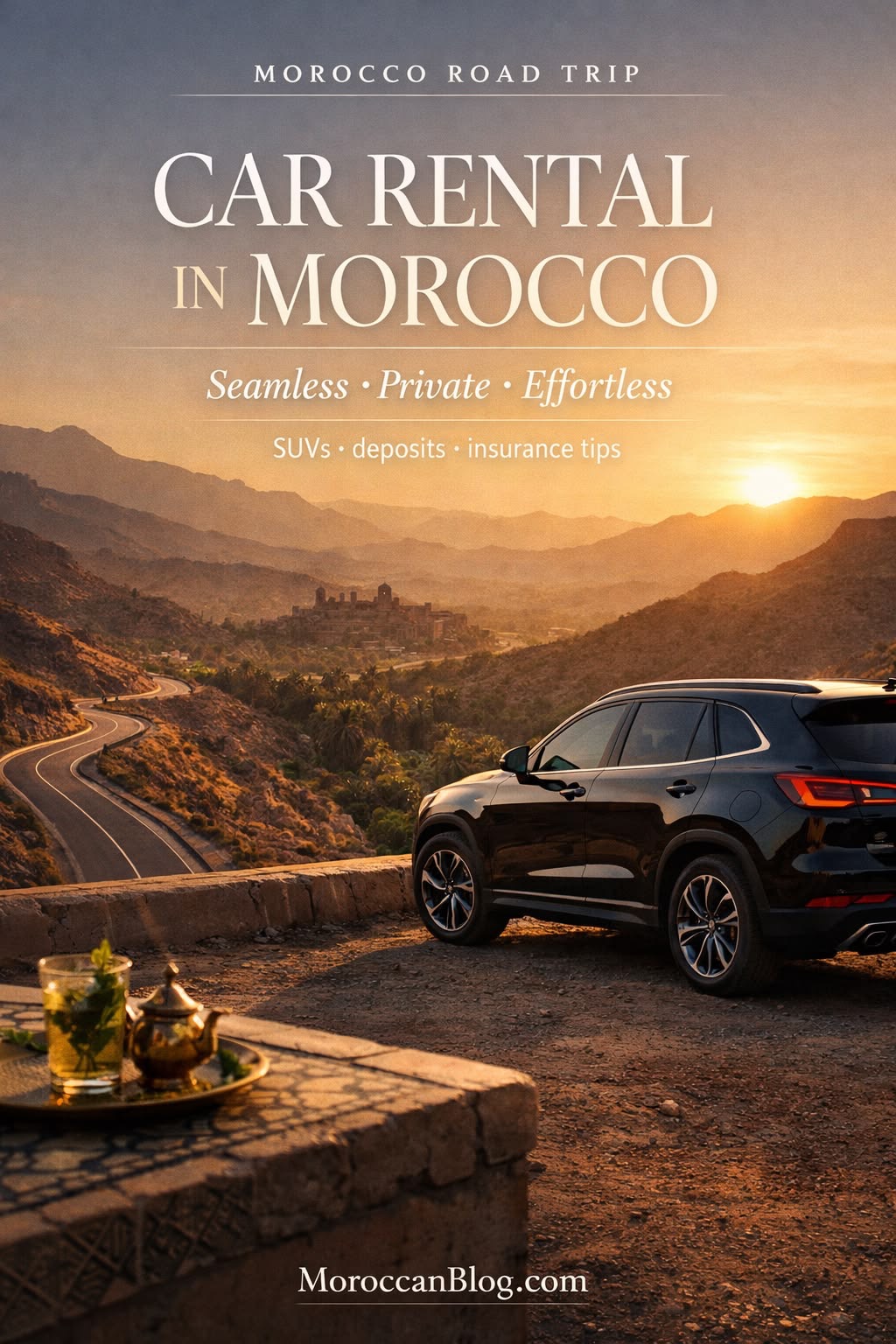 Moroccan car rental visual with mountain road and sunset